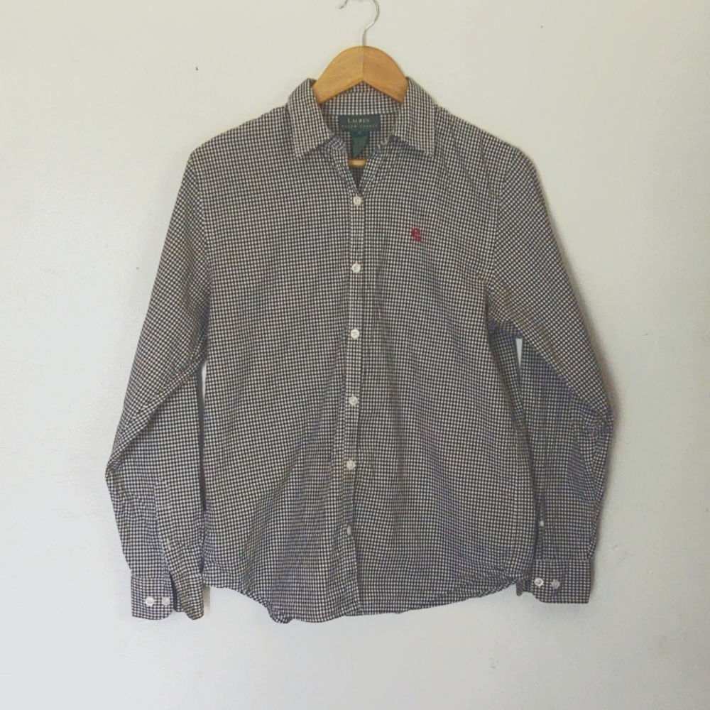 Lauren Ralph Lauren Black and White Gingham Button up long sleeve shirt sz M wom